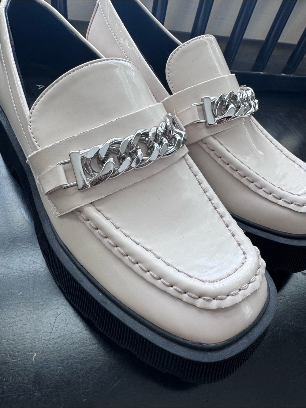 Aqua Cream Patent Loafers with Silver Chain Detail
